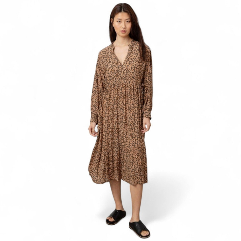 RAILS Maple Dress Batik Cheetah Leopard Print Tiered Boho Midi Button Front XXS